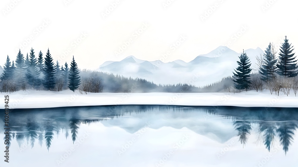 Fototapeta premium Breathtaking frozen lake surrounded by snow covered trees in a serene tranquil winter landscape with a peaceful minimalist watercolor style aesthetic Captures the beauty and calm of a remote