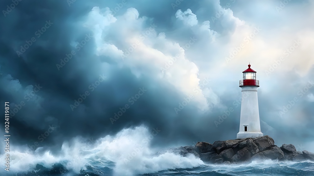 Moody watercolor style of a lonely lighthouse standing on rocky coastal cliffs with crashing waves and a dramatic stormy sky in the background Tranquil yet turbulent natural seascape scene Moody watercolor style of a lonely lighthouse standing on rocky coastal cliffs with crashing waves and a dramatic stormy sky in the background Tranquil yet turbulent natural seascape scene