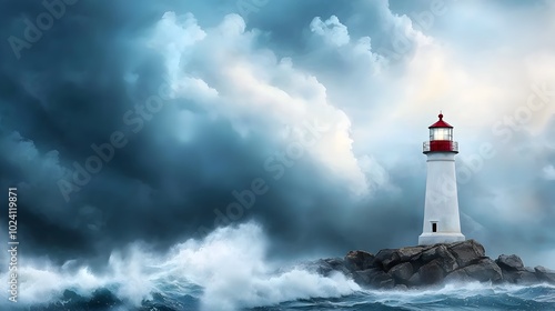 Moody watercolor style of a lonely lighthouse standing on rocky coastal cliffs with crashing waves and a dramatic stormy sky in the background Tranquil yet turbulent natural seascape scene