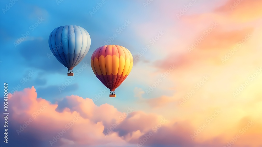 Obraz premium Ethereal hot air balloons floating peacefully over a vibrant colorful sunrise landscape with soft clouds in a watercolor style rendering conveying a sense of adventure freedom and tranquility