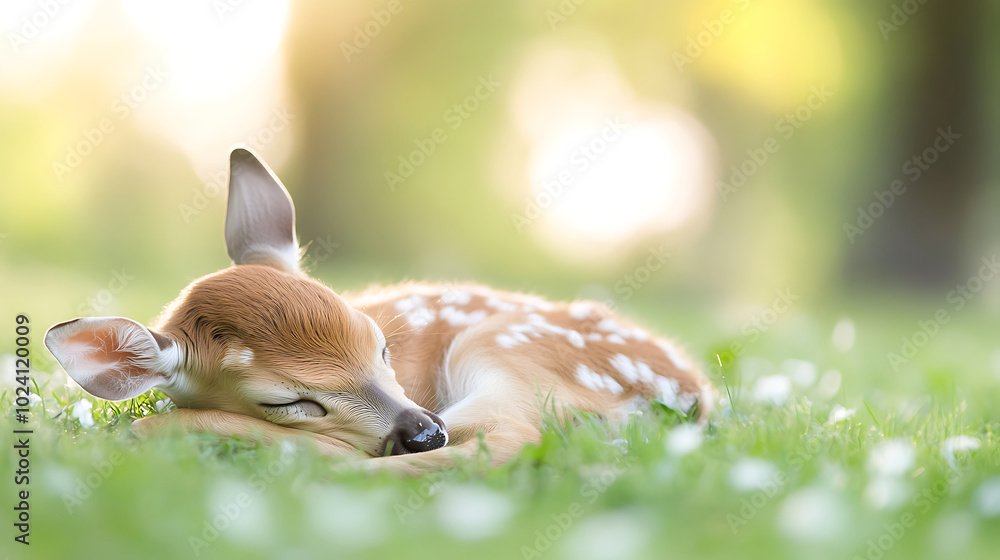 A fawn sleeping on green grass A fawn sleeping on green grass