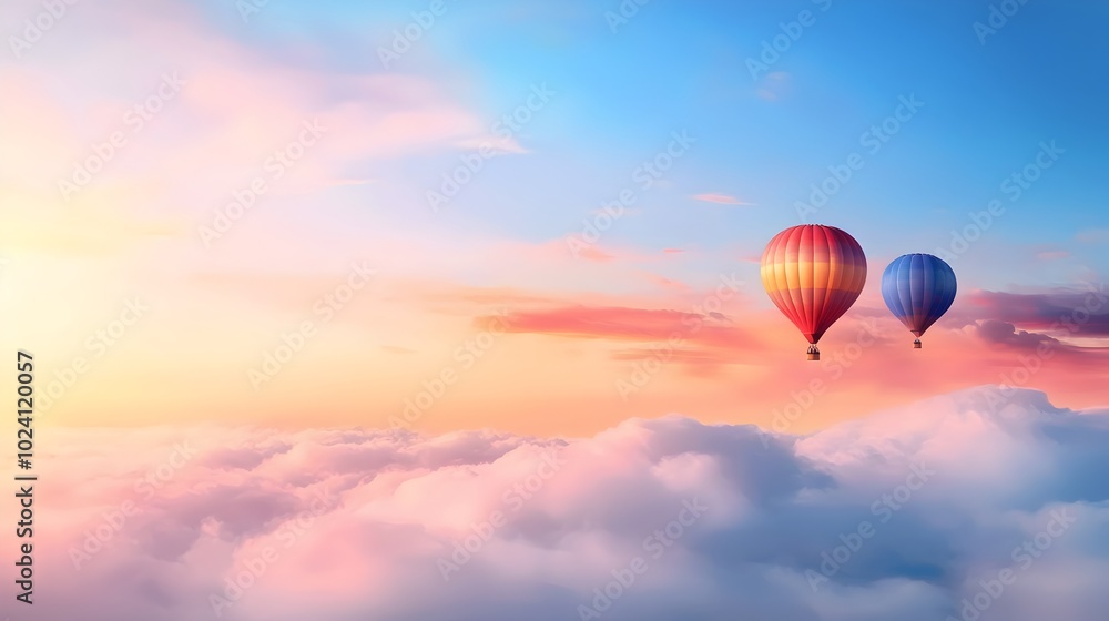 Obraz premium Serene hot air balloons drifting through a captivating watercolor style sunrise sky with soft wispy clouds and a vibrant gradient of colors painting the ethereal landscape