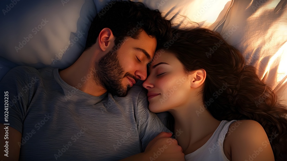 Peaceful and Intimate Slumbering Couple Embraced in Cozy Futuristic Bedroom with Soothing Analogous Color Scheme Conveying Love Comfort and Tranquility Peaceful and Intimate Slumbering Couple Embraced in Cozy Futuristic Bedroom with Soothing Analogous Color Scheme Conveying Love Comfort and Tranquility
