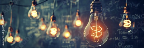 Glowing light bulbs hover in front of a blackboard filled with sketched ideas, symbolizing creativity and innovation.