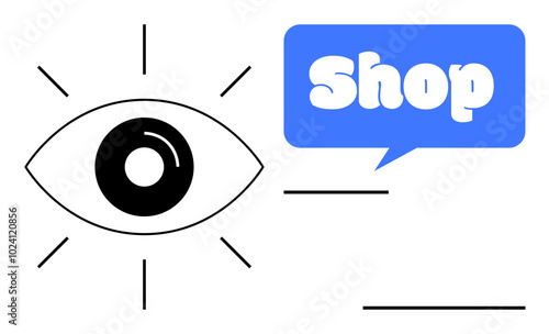 An eye icon with lines suggesting focus and a blue speech bubble containing the word Shop. Ideal for e-commerce, marketing, online stores, advertising campaigns, and user interface design. Simple