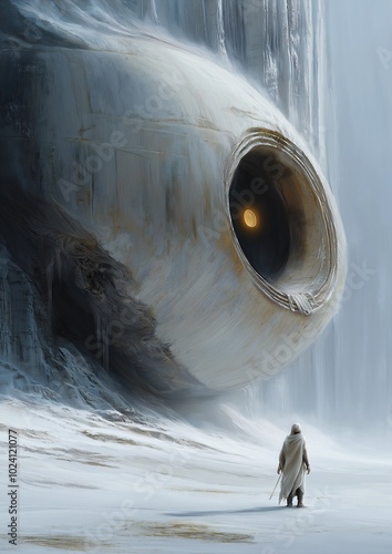 man walking front giant glowing white mechanical eye winter enormous secure temple truth bigger planet sculpture closeup cultists watching monolithic creatures photo