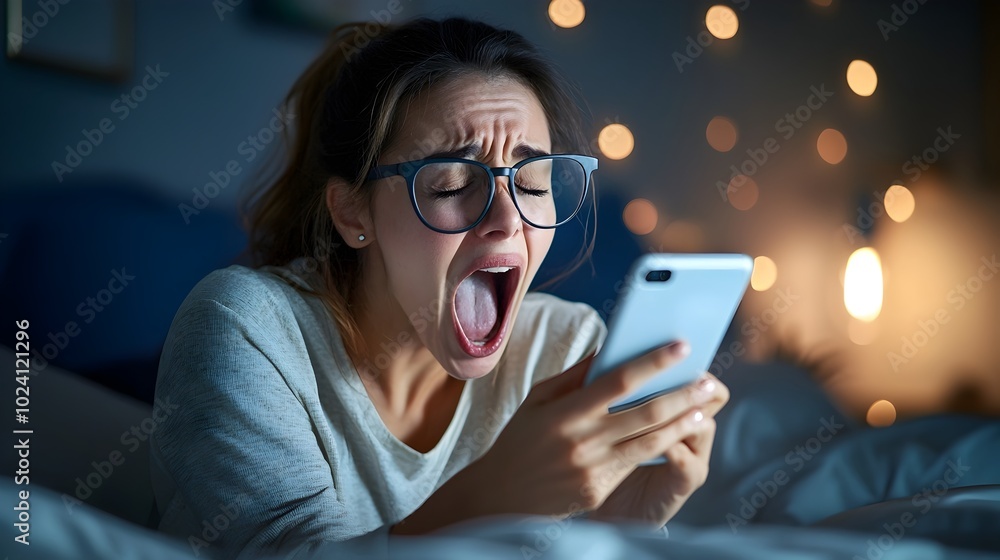 Exhausted female using smartphone for social media browsing in dimly lit bedroom at night emphasizing the impact of technology and digital dependency on mental well being Exhausted female using smartphone for social media browsing in dimly lit bedroom at night emphasizing the impact of technology and digital dependency on mental well being