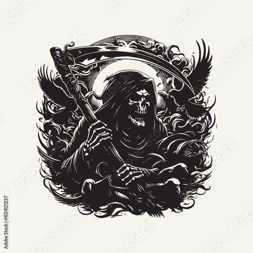 Grim Reaper’s Scythe vector illustration fort shirt design, banner design, greetings card design. Death grim reaper