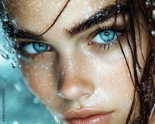 woman blue eyes wet hair deep close models saltwater pristine skin sparkling business products supplies header extremely closeup soaked brunettes
