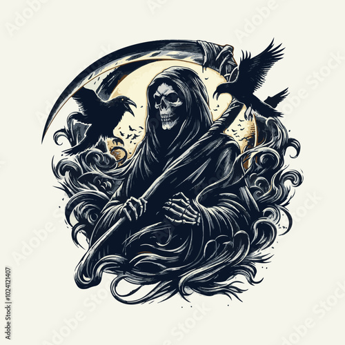 Grim Reaper’s Scythe vector illustration fort shirt design, banner design, greetings card design. Death grim reaper