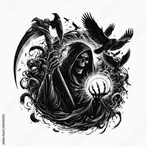 Grim Reaper’s Scythe vector illustration fort shirt design, banner design, greetings card design. Death grim reaper