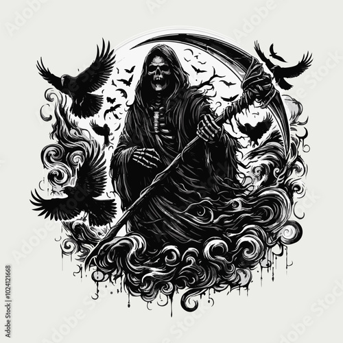 Grim Reaper’s Scythe vector illustration fort shirt design, banner design, greetings card design. Death grim reaper