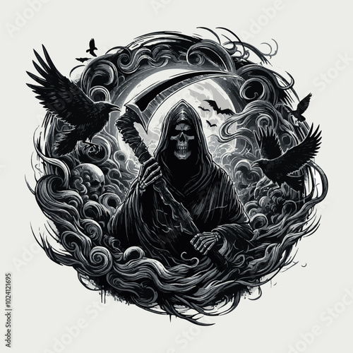 Grim Reaper’s Scythe vector illustration fort shirt design, banner design, greetings card design. Death grim reaper