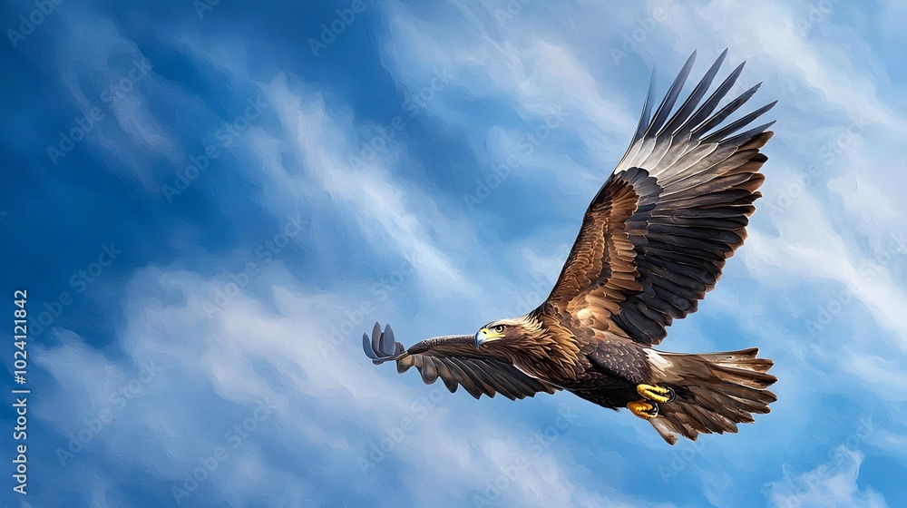 Fototapeta premium Majestic eagle soaring gracefully against a clear blue sky with a stunning mountain backdrop in a watercolor painting inspired style This image conveys a sense of freedom power