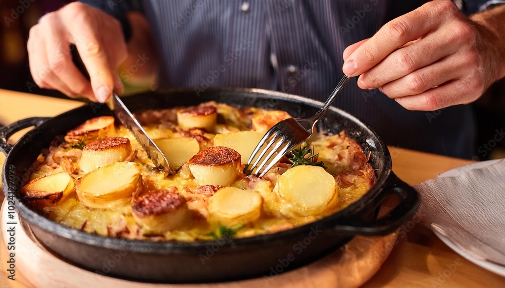 Faceless man eat Tartiflette in restaurant with bokeh background. France Food. Faceless man eat Tartiflette in restaurant with bokeh background. France Food.