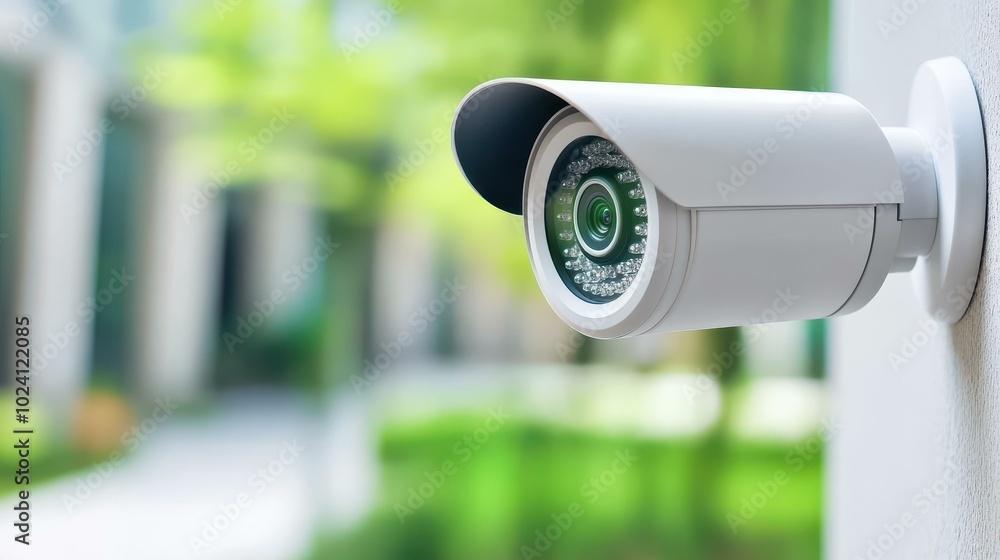 A sleek CCTV camera fixed on a modern homes wall, ensuring safety with a blurred backdrop of the neighborhood. A sleek CCTV camera fixed on a modern homes wall, ensuring safety with a blurred backdrop of the neighborhood.