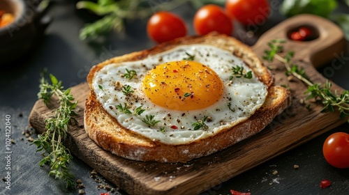 Enjoy a perfectly fried egg on toast, seasoned with fresh herbs, served on a rustic wooden board for breakfast bliss. photo