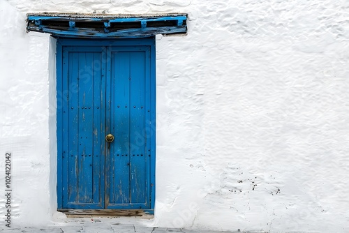 Blue wooden door on a white wall in Chefchaouen, Morocco