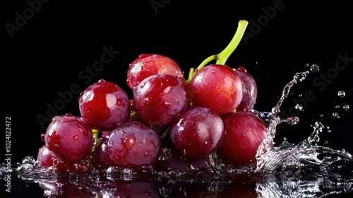 Fresh red grapes cascade in a splash of water, showcasing their juicy vibrance against a sleek black backdrop.