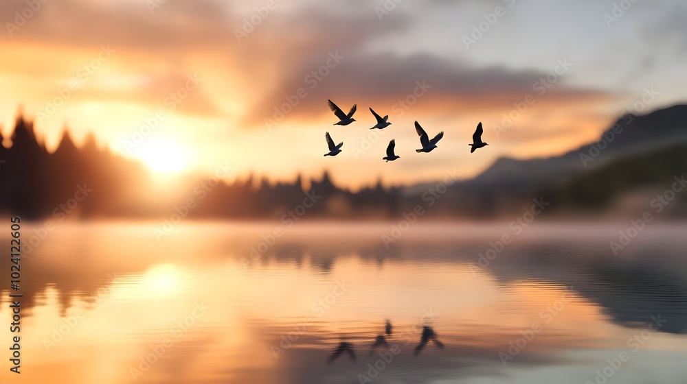 Flock of graceful birds soaring over a serene misty lake at sunrise creating a captivating and tranquil natural landscape The stunning reflection on the still water and the soft Flock of graceful birds soaring over a serene misty lake at sunrise creating a captivating and tranquil natural landscape The stunning reflection on the still water and the soft