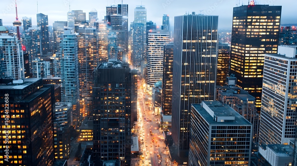 Fototapeta premium Captivating panoramic view of a vibrant metropolitan city at nightfall showcasing the striking silhouettes of brightly illuminated high rise buildings and the bustling activity of the streets below