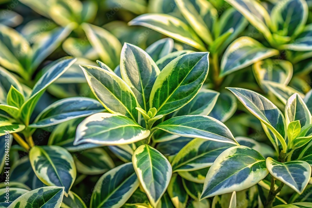 Large periwinkle variegated leaves in garden Large periwinkle variegated leaves in garden