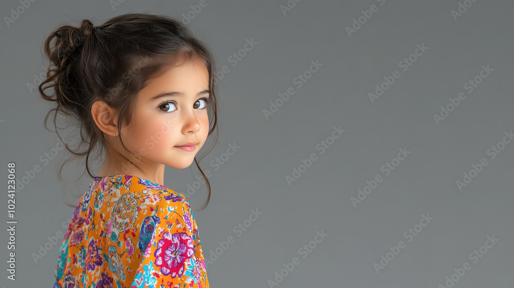 Hispanic little girl in traditional kaftan cloth made from luxury fabric Hispanic little girl in traditional kaftan cloth made from luxury fabric