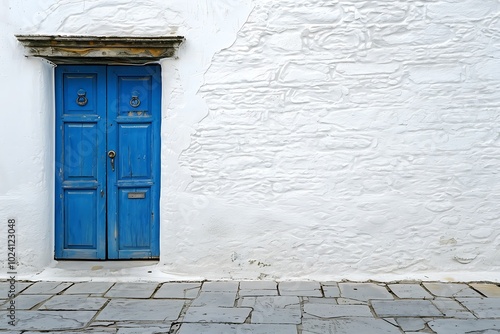 Blue wooden door on a white wall in Chefchaouen, Morocco