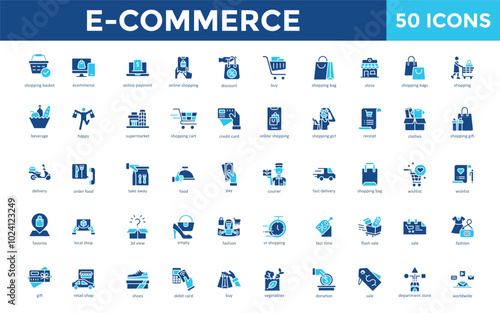 E-commerce icon set with shopping basket, e commerce, online payment, online shopping, discount, buy, shopping bag, store, shopping bags icon. Simple flat vector 
