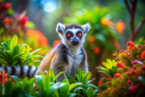 In Madagascar’s enchanting landscape, alert ringtailed lemurs stand poised, their vivid tails spiraling against lush greenery, embodying nature’s photo