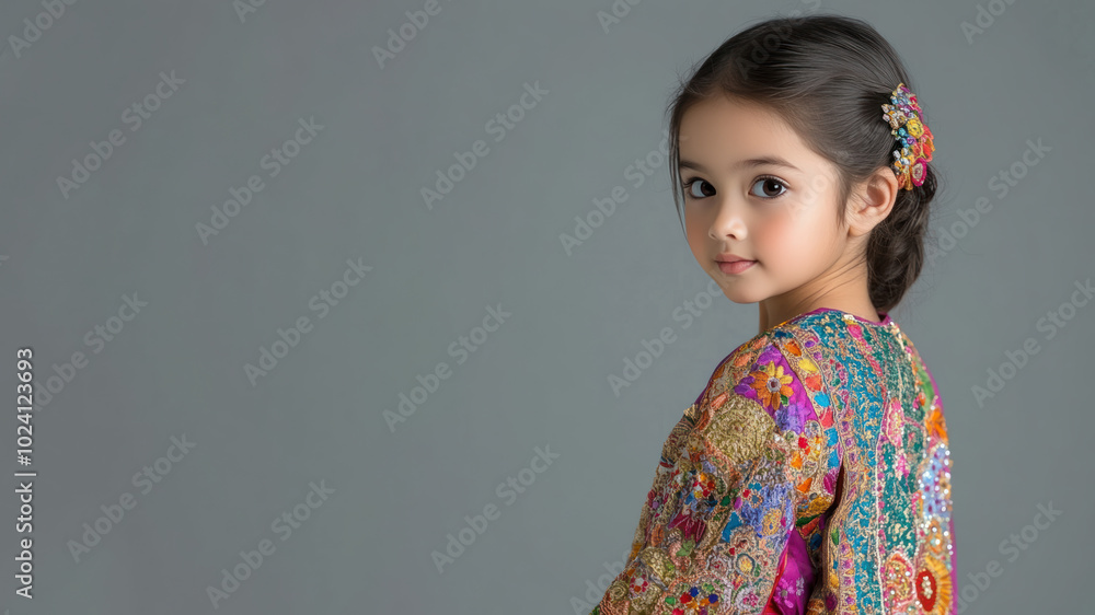 Malay little girl in traditional kaftan cloth made from luxury fabric Malay little girl in traditional kaftan cloth made from luxury fabric