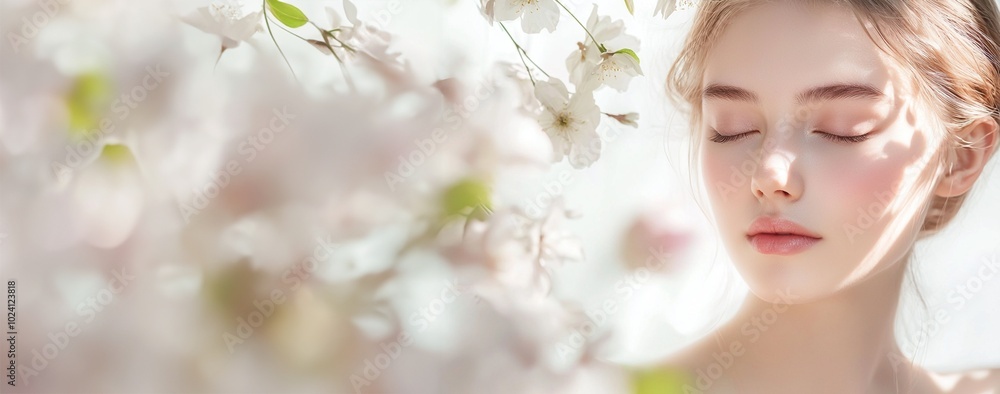 Serene and Ethereal Portrait of a Dreaming Woman Surrounded by Delicate Spring Blossoms Serene and Ethereal Portrait of a Dreaming Woman Surrounded by Delicate Spring Blossoms