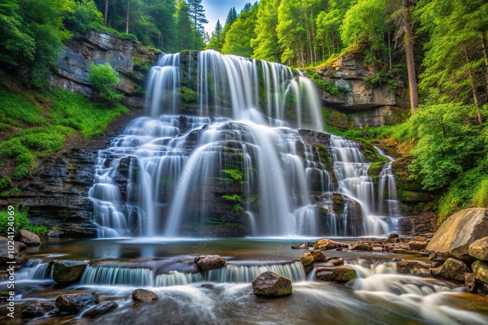 Obraz premium Large wide cascading waterfall in the forest with water flowing down the mountainside