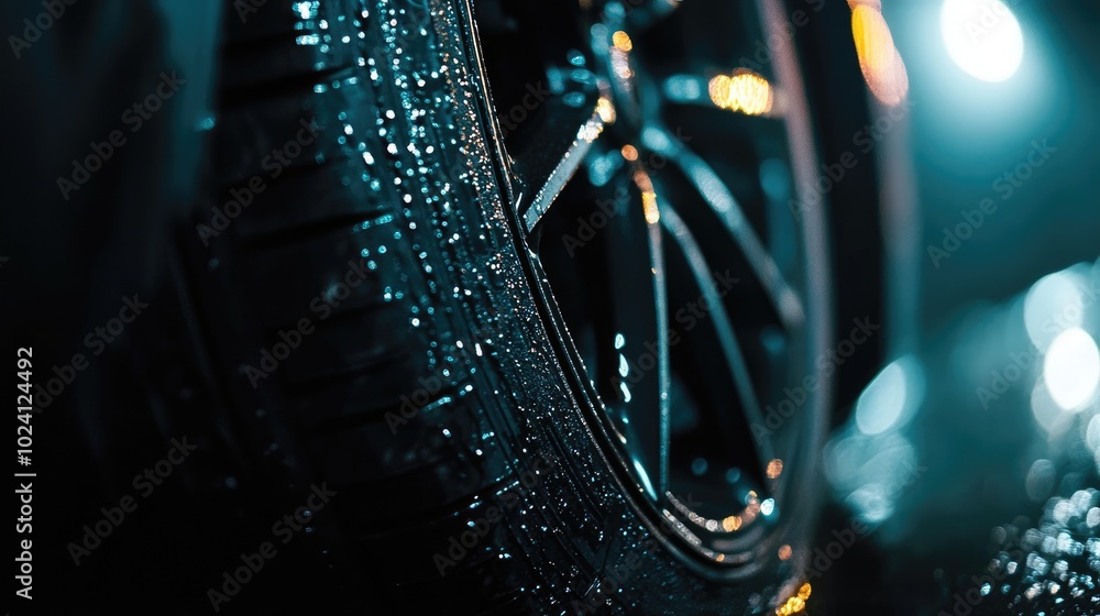 Close-Up of Car Tire with Rain Drops, Macro Photography in High Resolution Close-Up of Car Tire with Rain Drops, Macro Photography in High Resolution