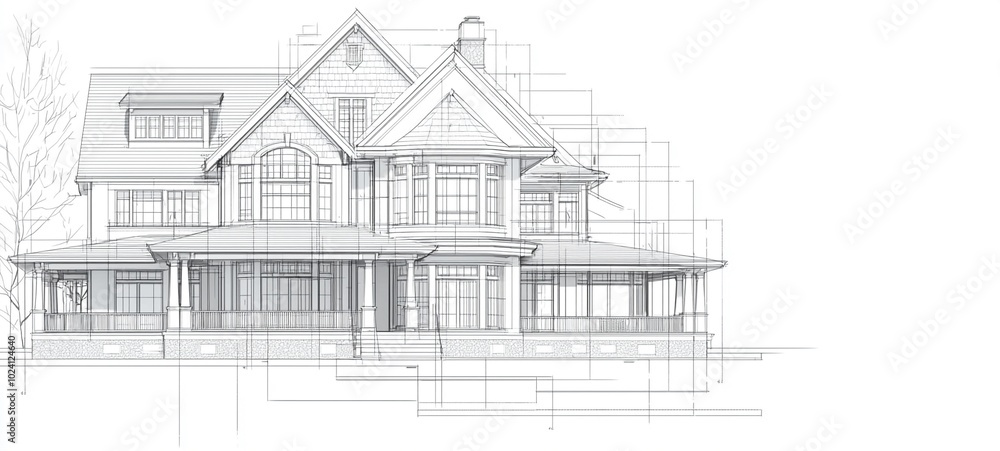 Elegant Traditional Mansion with Detailed Architectural Blueprint Sketch Elegant Traditional Mansion with Detailed Architectural Blueprint Sketch