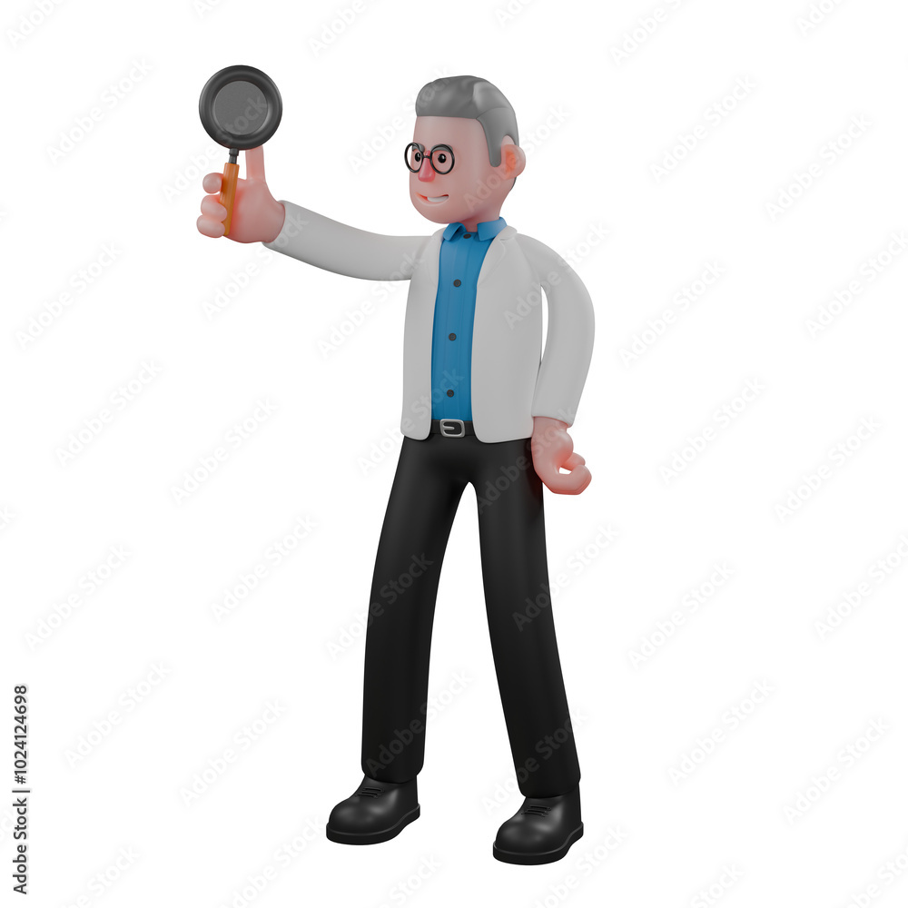 Professional Male Physics Character. A male physicist is standing while showing a magnifying glass. 3D Physicist Professional Male Physics Character. A male physicist is standing while showing a magnifying glass. 3D Physicist