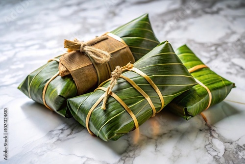 Lau Lau Pork Fish Wrapped Leaves on Marble Counter Tilted Angle photo