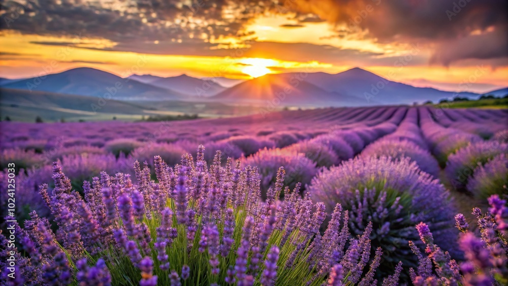 Obraz premium Lavender field at sunset with hills in the background Extreme Close-Up