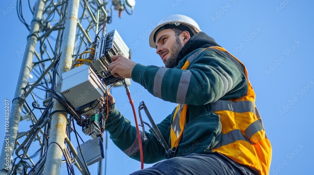 Telecommunications Technician Working on Equipment Telecommunications Technician Working on Equipment