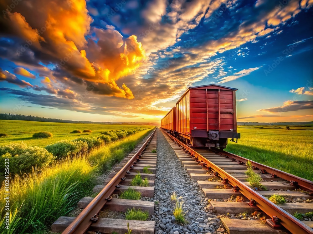 Fototapeta premium Last Train Car on Rural Saskatchewan Tracks: Scenic View of Canada’s Countryside and Railways in a Serene Landscape