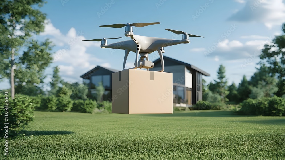 Fototapeta premium Aerial view of a drone delivering a package to a modern suburban house with well manicured green lawns and contemporary architectural design