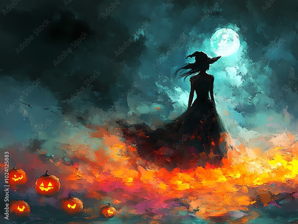 Silhouette of a witch walking on fire with pumpkins. Silhouette of a witch walking on fire with pumpkins.