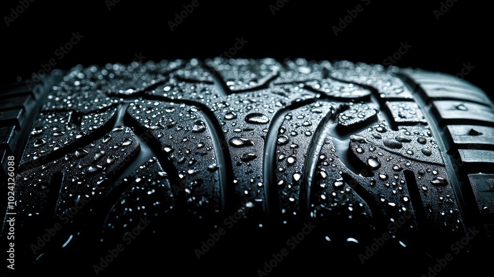 Close-Up of Car Tire with Rain Drops, Macro Photography in High Resolution Close-Up of Car Tire with Rain Drops, Macro Photography in High Resolution
