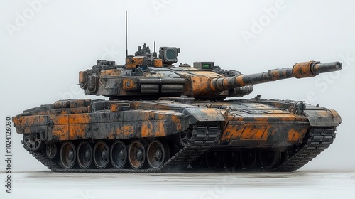 camouflaged battle tank showcased from a side view meticulously detailed against a clean white background highlighting military technology and engineering emphasizing strength and tactical design