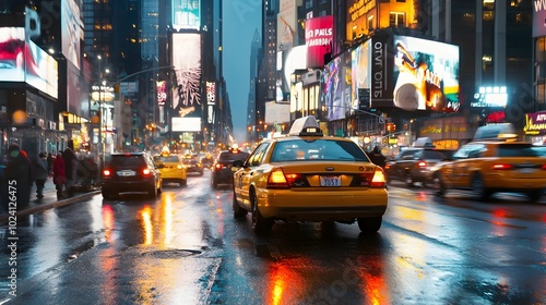 Bustling Nighttime Cityscape with Illuminated Neon Signs Traffic and Architectural Skyline