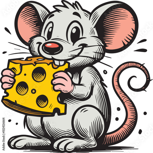 mouse with cheese | Cartoon illustration of a cute gray mouse holding a large piece of cheese with holes, smiling cheerfully. The mouse has big ears, a pink nose, and a curly tail, drawn in a playful,