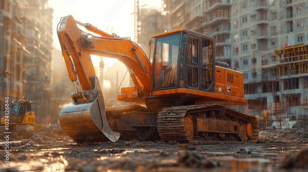 Excavator on a construction site during sunset. Excavator on a construction site during sunset.