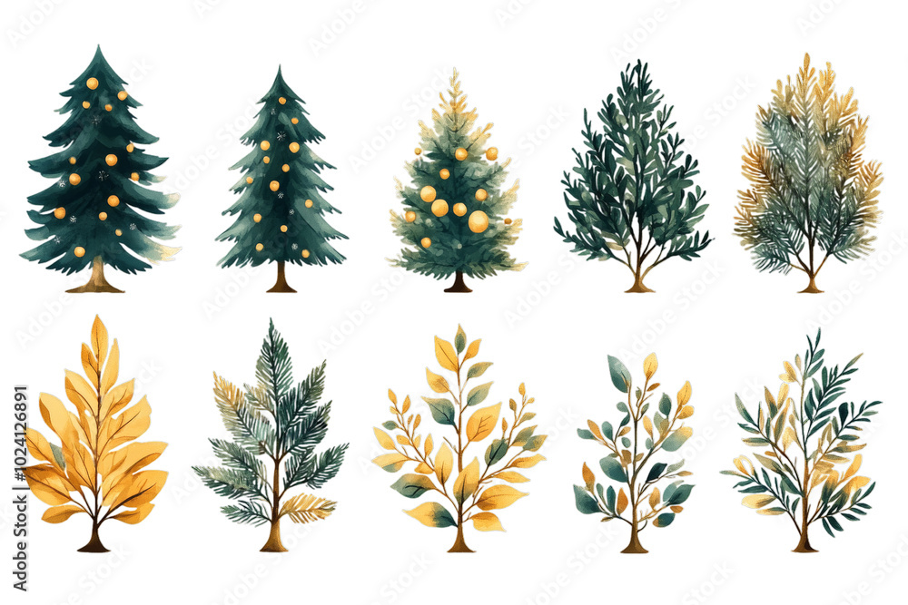 Fototapeta premium Watercolor Tree Illustrations: Green and Yellow Foliage