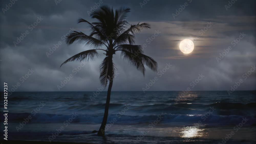 Palm Tree Silhouette Against Moonlight and Waves Palm Tree Silhouette Against Moonlight and Waves