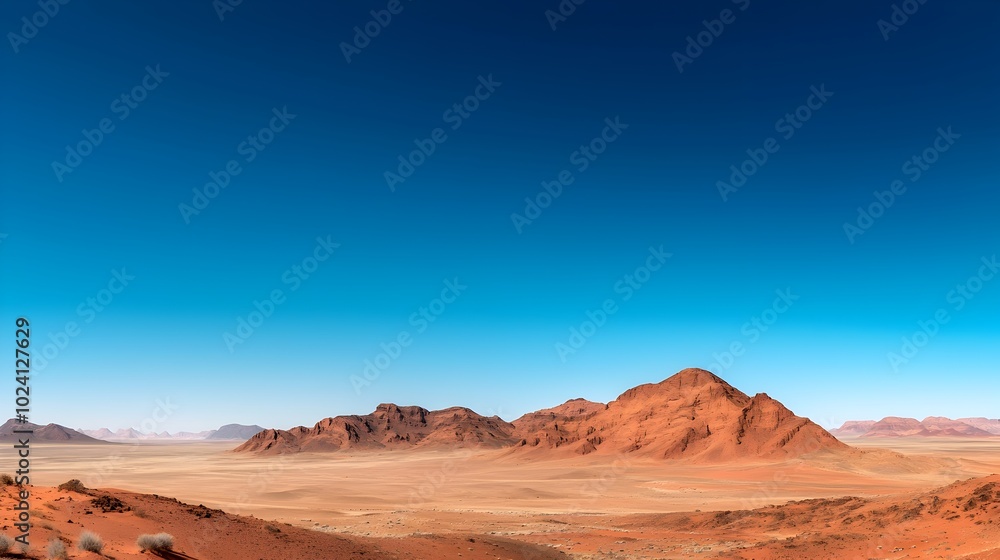 Breathtaking desert landscape featuring vibrant red sand dunes stretched out under a vast cloudless azure sky This serene minimalist scene captures the natural beauty and tranquility of an arid Breathtaking desert landscape featuring vibrant red sand dunes stretched out under a vast cloudless azure sky This serene minimalist scene captures the natural beauty and tranquility of an arid
